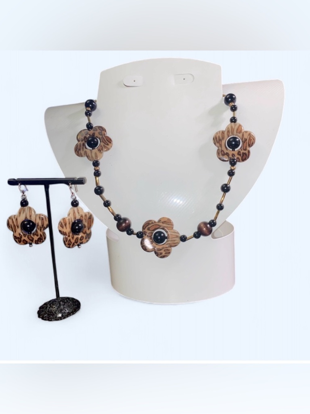 Brown Floral Bead Necklace and Earring Set - Women's Jewelry